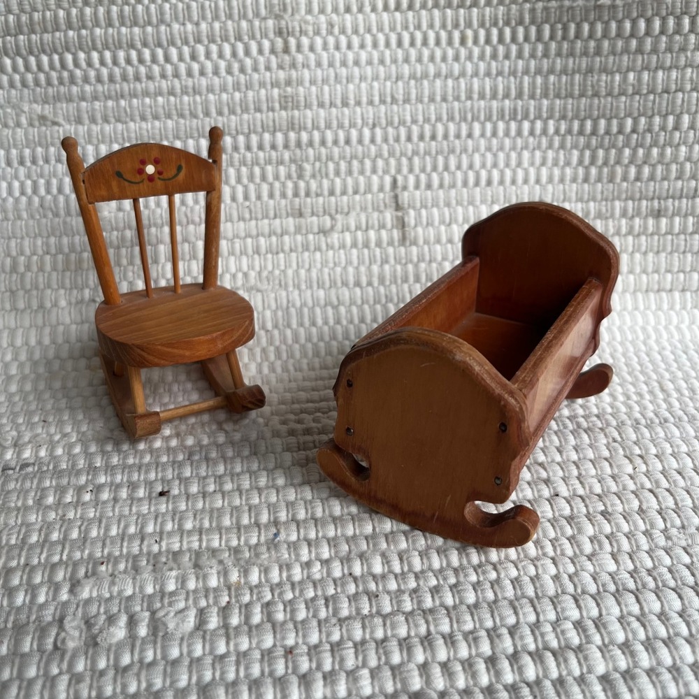 Vintage Miniature Dollhouse Wooden Rocking Chair and Cradle Set Hand Painted